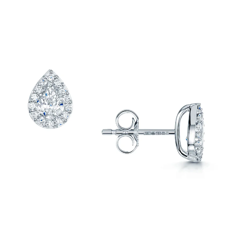 Elegant Long Earrings For Night Out-18ct White Gold Pear Cut Diamond 0.80ct Halo Stud Earrings