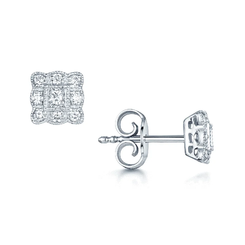 Sparkly Stud Earrings For Women-18ct White Gold Diamond Square Vintage Stud Earrings With Milgrain Edge