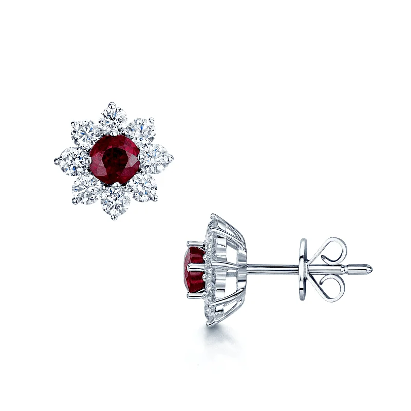 Bold Statement Earrings For Everyday-18ct White Gold Ruby And Diamond Flower Cluster Stud Earrings