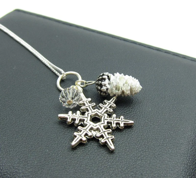 Large Chunky Necklace For Bold Look-Snowflake Pine Cone Charm Necklace on Sterling Silver Chain