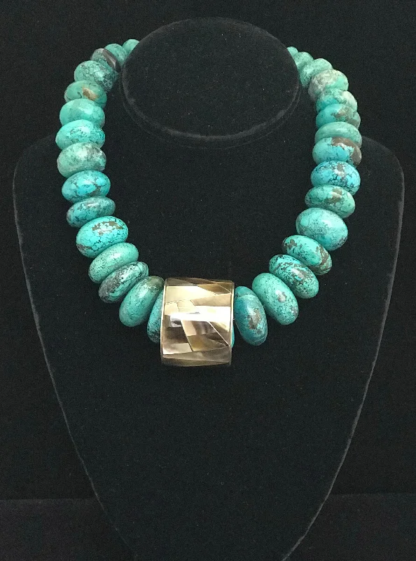 Trendy Long Necklace For Fashion Week-Large Turquoise Rondells