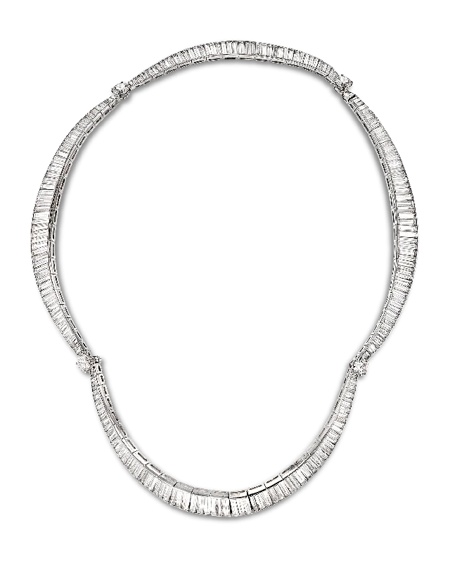 Trendy Layered Necklace For Stylish Look-Baguette-Cut Diamond Necklace, 50.00 Carats