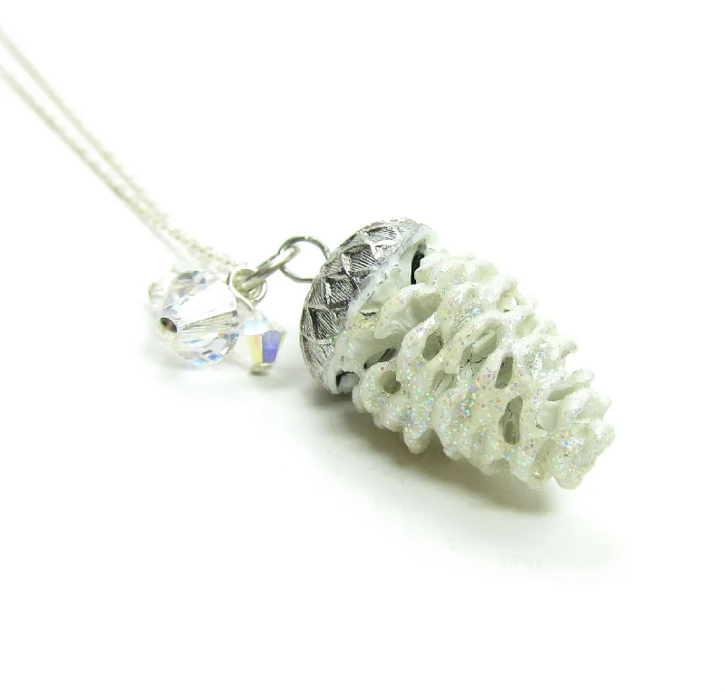 Personalized Birthstone Necklace For Her-Snowy Pine Cone Necklace with White Charm on Sterling Silver Chain