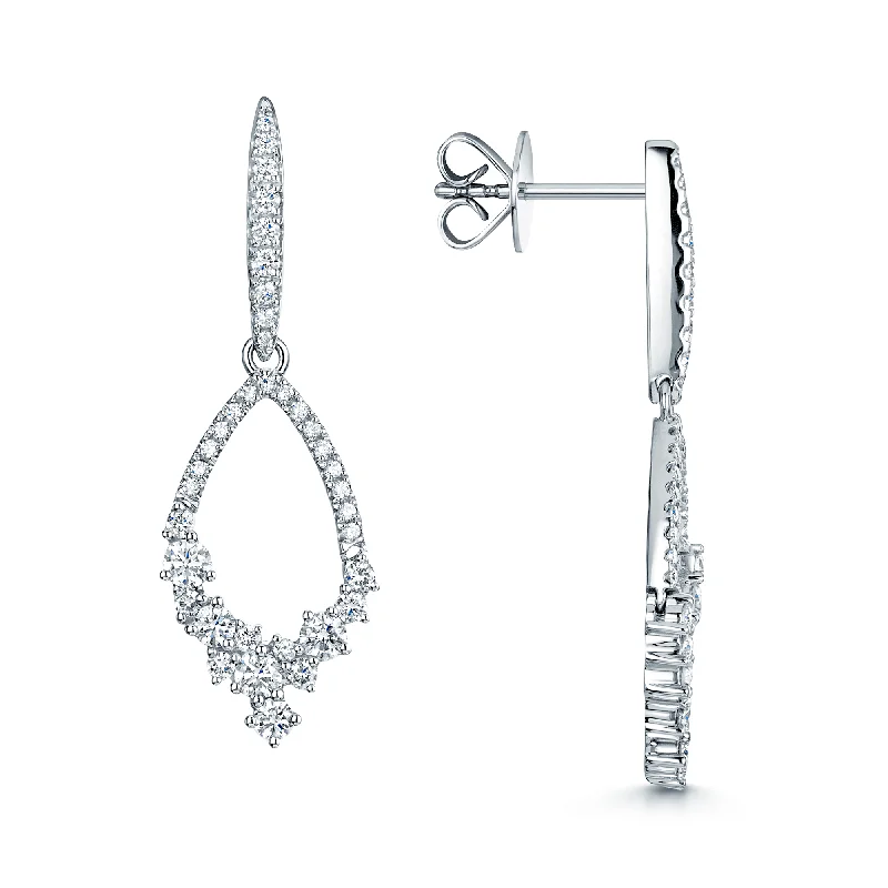 Chic Pearl Drop Earrings-18ct White Gold Diamond Open Cluster Design Drop Earrings