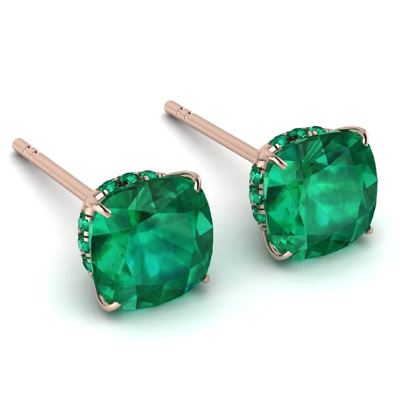 Gemstone Earrings With Unique Shapes-Hidden Halo Cushion Emerald Earrings - Alivia No. 20