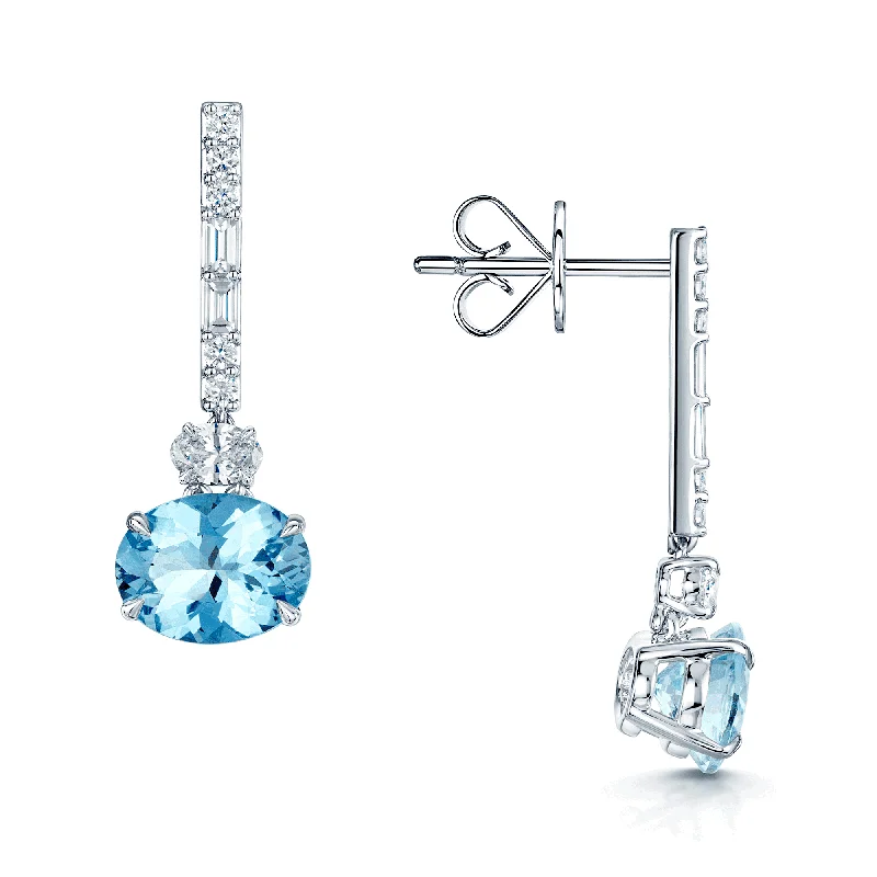 Gold Earrings With Pink Stones-18ct White Gold Oval Cut Aquamarine with Oval, Brilliant & Baguette Cut Diamonds Earrings