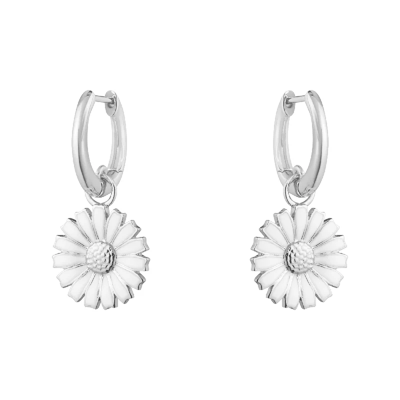 Crystal Clear Earrings For Casual Wear-Daisy Silver And White Enamel Hoop Drop Earrings