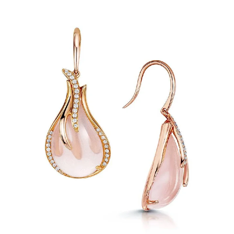 Elegant Pearl Earrings For Formal Events-18ct Rose Gold Rose Quartz & Diamond Pear Shape Cabochon Drop Earrings