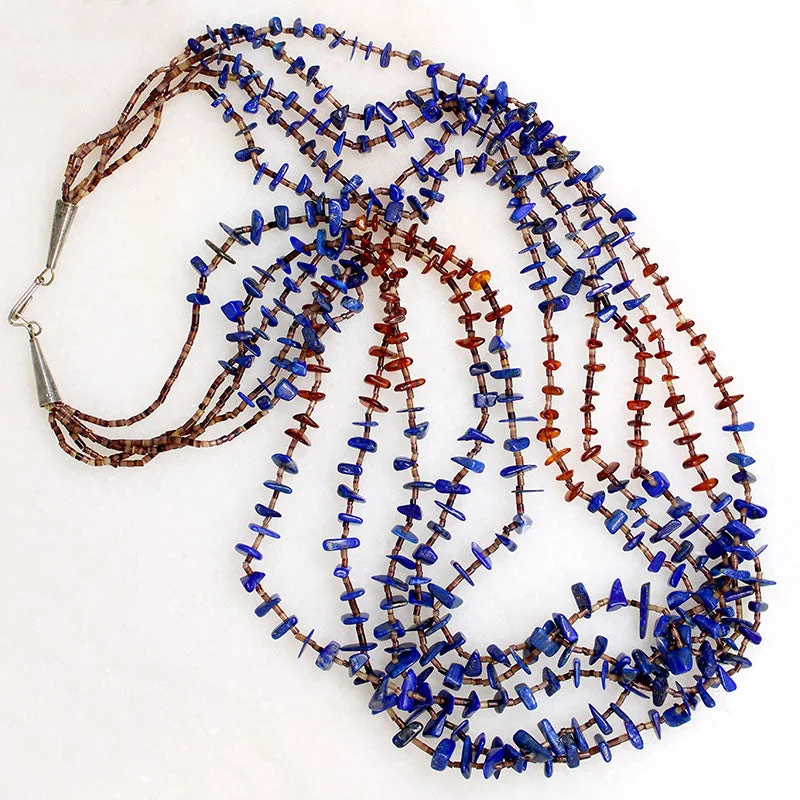 Long Pendant Necklace For Office Wear-Gorgeous Lapis & Amber Tab Necklace with Heishi Beads