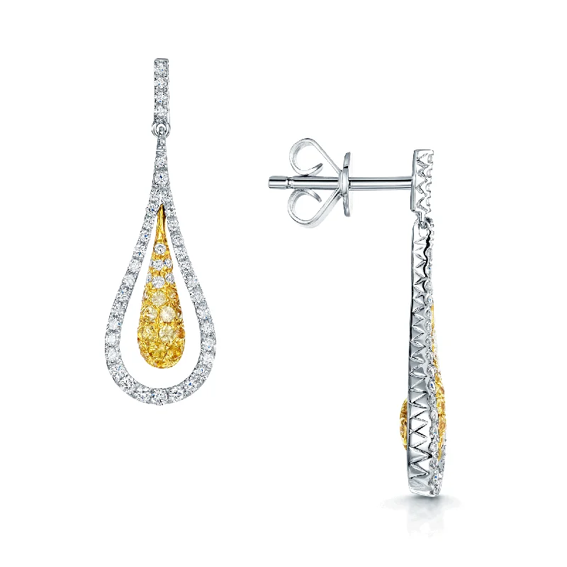 Silver Chain Earrings For Fashion-18ct White Gold Yellow Sapphire And Diamond Pave Set Teardrop Earrings