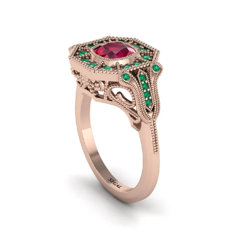 Vintage-Inspired Rings For Brides-Ruby Cushion Cut Art Deco Engagement Ring - Kristin No. 26