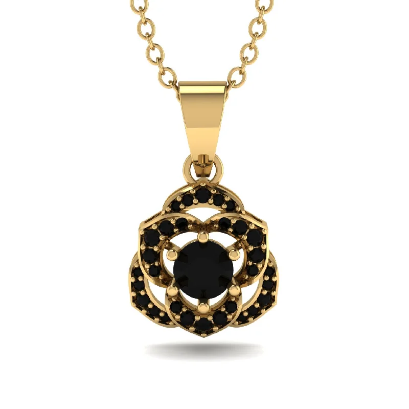 Classic Gold Pendant Necklace For Evening Wear-Golden Rose Blossom Necklace With Exquisite Black Diamond Detailing - Reign No. 37