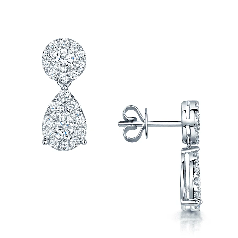 Sparkling Hoop Earrings For Events-18ct White Gold Pear Cut And Round Brilliant Diamond Halo Cluster Drop Earrings