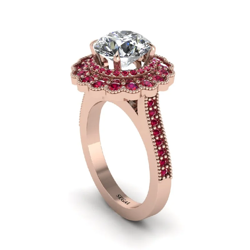 Personalized Gemstone Rings For Birthdays-Ruby Double Halo Cathedral Engagement Ring - Deirdre No. 47