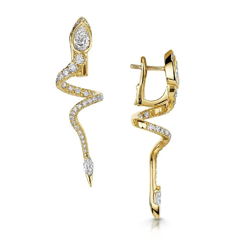 Vintage Earrings For Special Occasions-18ct Yellow Gold Serpente Pear, Marquise And Round Brilliant Cut Diamond Spiral Pave Drop Earrings