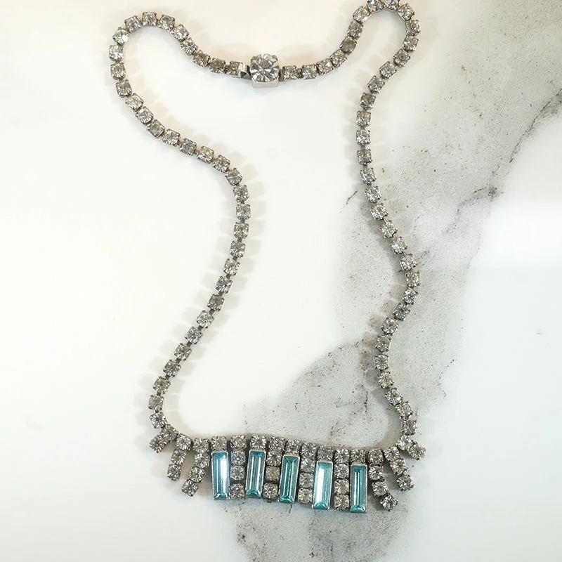 Personalized Crystal Necklace For Gift Giving-Aqua Baguette & Round White Rhinestone Fringe Necklace