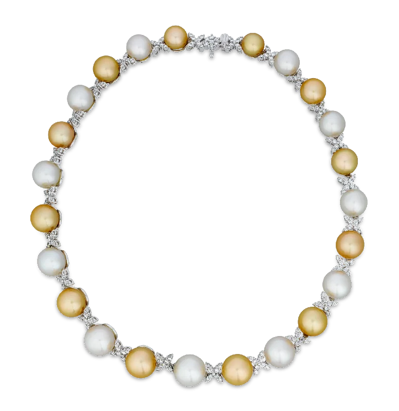 Handmade Gemstone Necklace For Special Occasions-White and Gold South Sea Pearl and Diamond Necklace