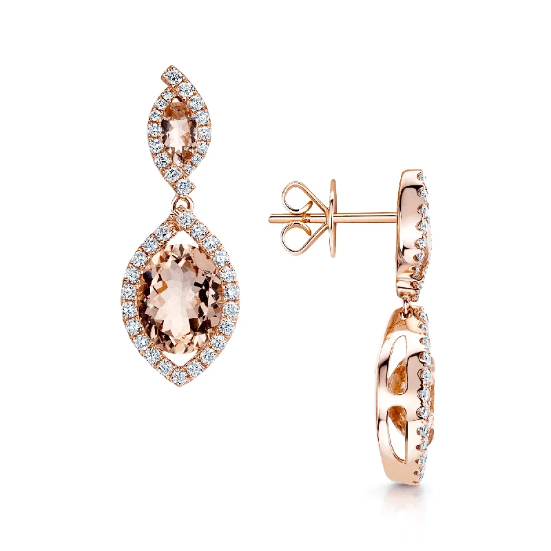 Customized Earrings With Your Name-18ct Rose Gold Morganite And Diamond Halo Set Fancy Drop Earrings