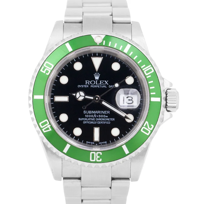 Digital Watches With Multiple Functions-Rolex Submariner Date 40mm Kermit NO-HOLES Green Steel FLAT 4 Watch 16610 LV