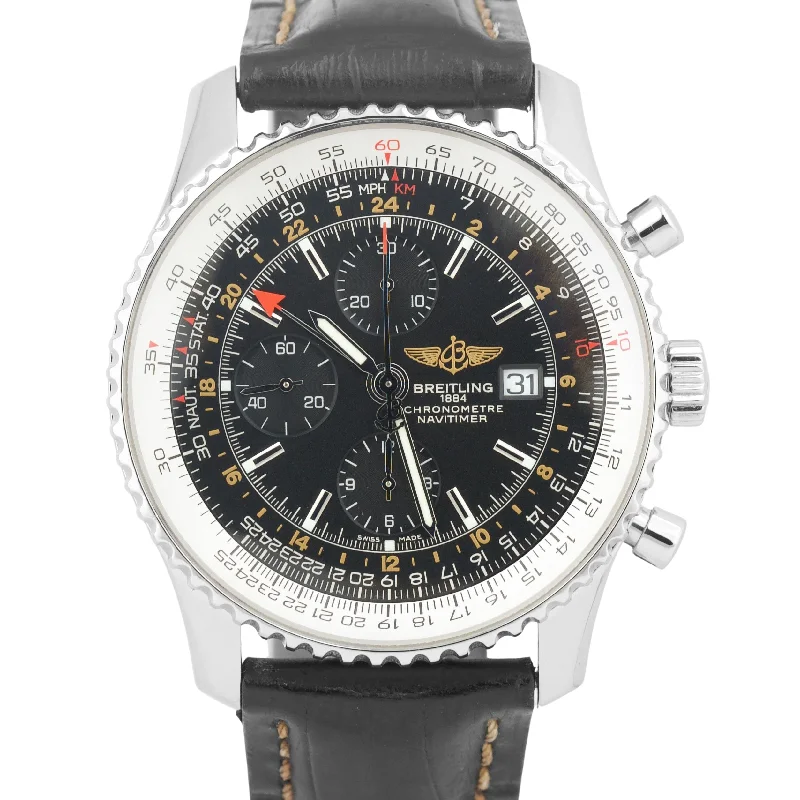 Smart Watches With Heart Rate Monitors-Breitling Navitimer World GMT Black Stainless Leather Chronograph 46mm A24322