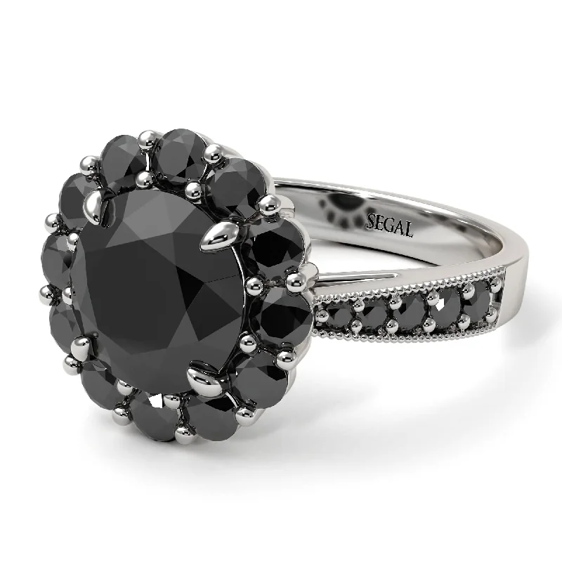 Elegant Silver Rings For Daily Wear-Black Diamond Round Halo Engagement Ring - Unity No. 39