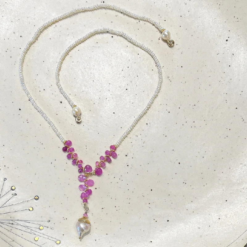 Handmade Boho Necklace For Free-Spirited Style-Fresh Water Pearl, Pink Sapphire & Baroque Pearl Necklace