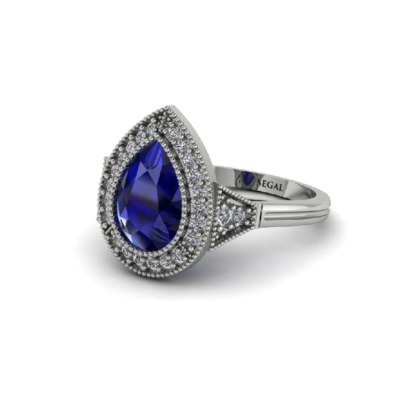 Classic Gold Wedding Rings For Bridesmaids-Pear Cut Sapphire Milgrain Halo Engagement Ring - Daleyza No. 15