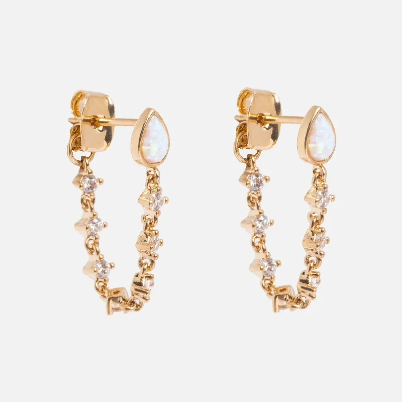 Gold Plated Stud Earrings-Opal Glitzy Chain Earrings