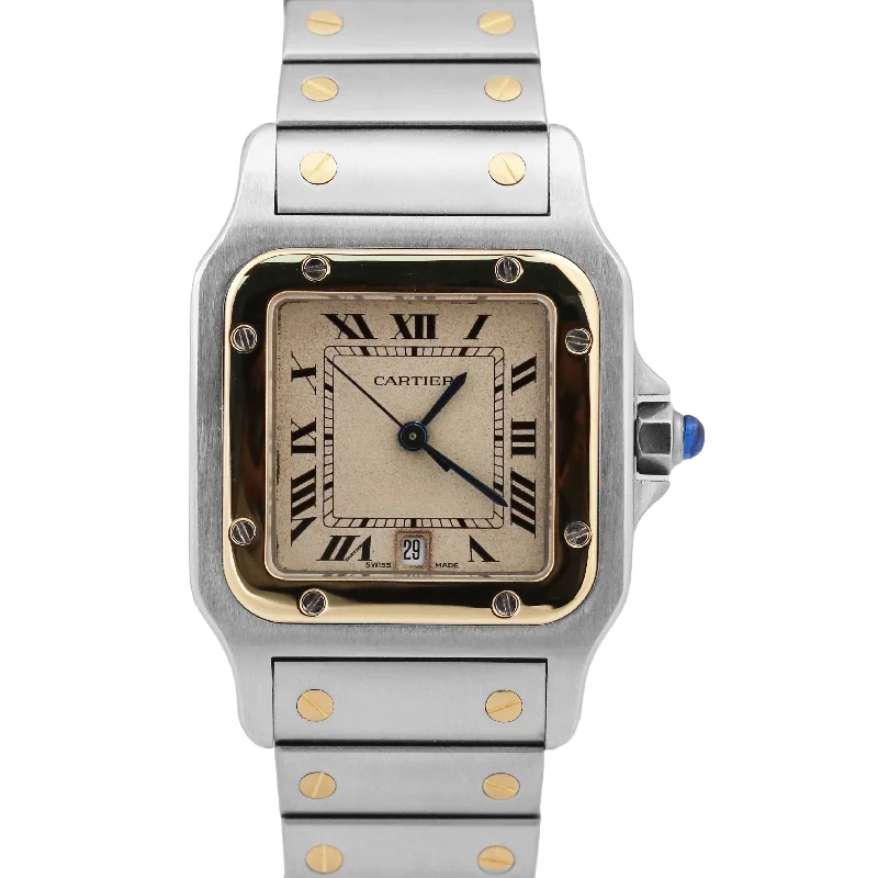 Women’s Dress Watches For Evening Wear-MINT Ladies Cartier Santos 29mm Patina Roman 18K Yellow Gold Steel Quartz 187901