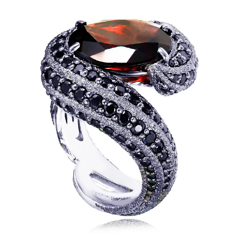 Unique Wedding Bands For Couples-Gold Twist Ring With Garnet & Black Spinel