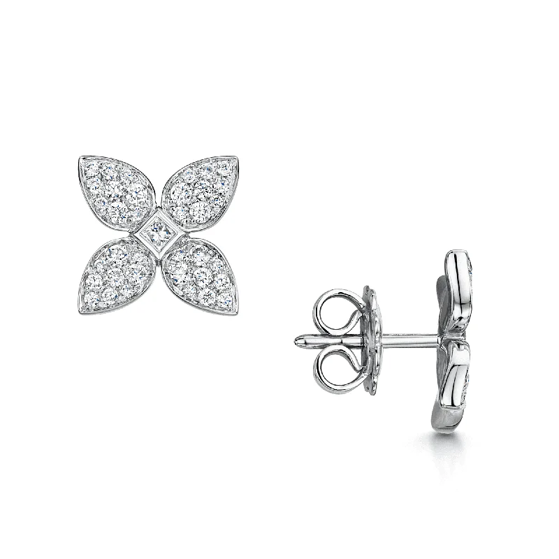 Vintage-Inspired Earrings For Women-18ct White Gold Flower Stud Earrings With Diamond Pave Set Petals