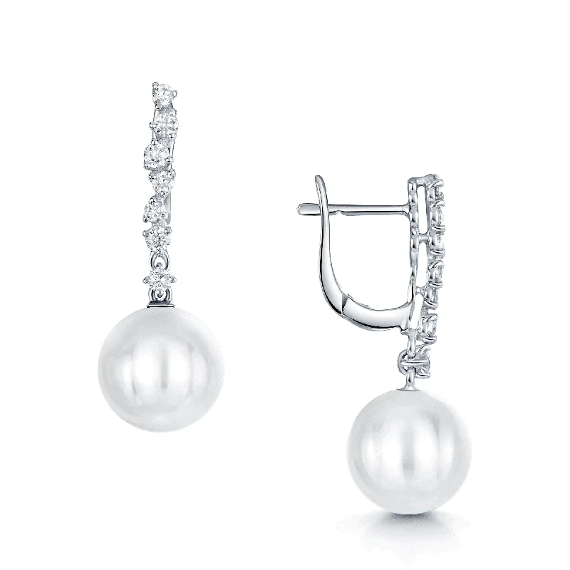 Double Drop Earrings For Trendy Look-18ct White Gold Single Freshwater Pearl and Diamond Drop Earrings