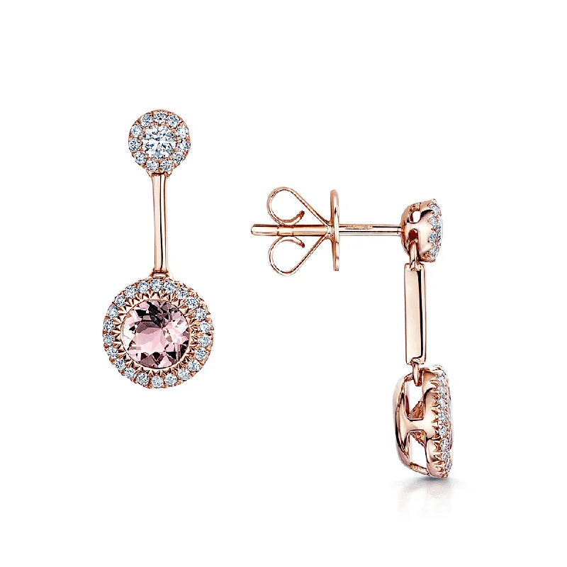 Silver Drop Earrings For Wedding Guests-18ct Rose Gold Morganite & Diamond Drop Earrings