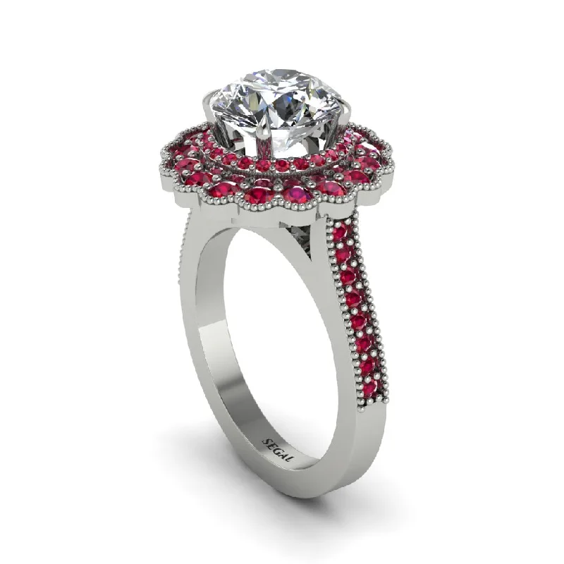 Trendy Stackable Rings For Jewelry Lovers-Ruby Double Halo Cathedral Engagement Ring - Deirdre No. 48