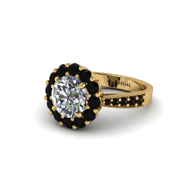 Classic Engagement Rings With Gemstones-Black Diamond Round Halo Engagement Ring - Unity No. 31