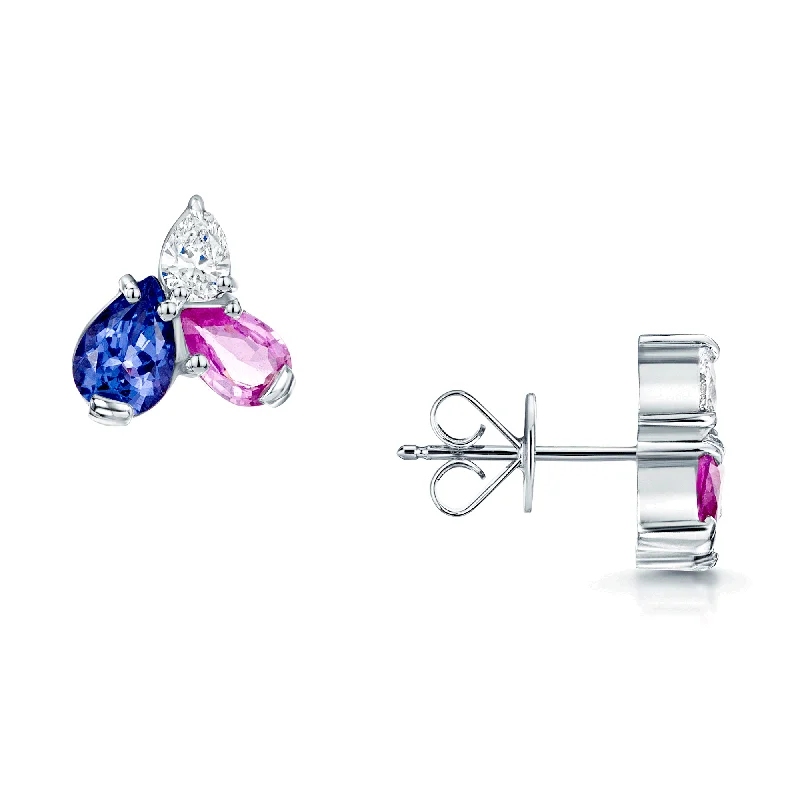 Silver Drop Earrings For Weddings-18ct White Gold Pear Cut Diamond, Pink Sapphire And Tanzanite Cluster Earrings