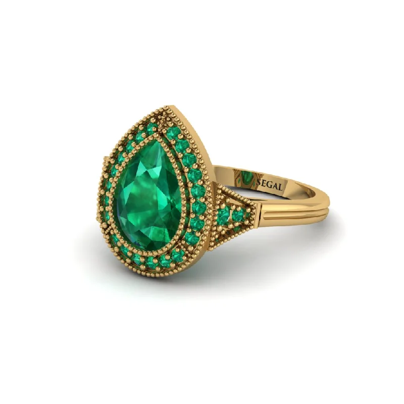 Personalized Gold Promise Rings For Him-Pear Cut Emerald Milgrain Halo Engagement Ring - Daleyza No. 19