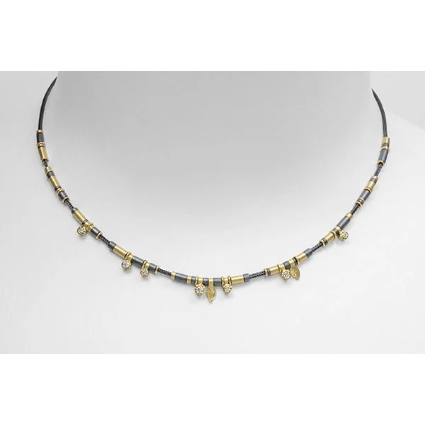 Trendy Beaded Necklace For Casual Style-7 Diamond Drop Necklace with Oxidized Sterling Silver and 18k Yellow Gold