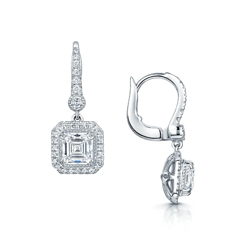 Unique Resin Earrings For Everyday Wear-18ct White Gold Asscher Cut And Round Brilliant Diamond Halo Cluster Drop Earrings