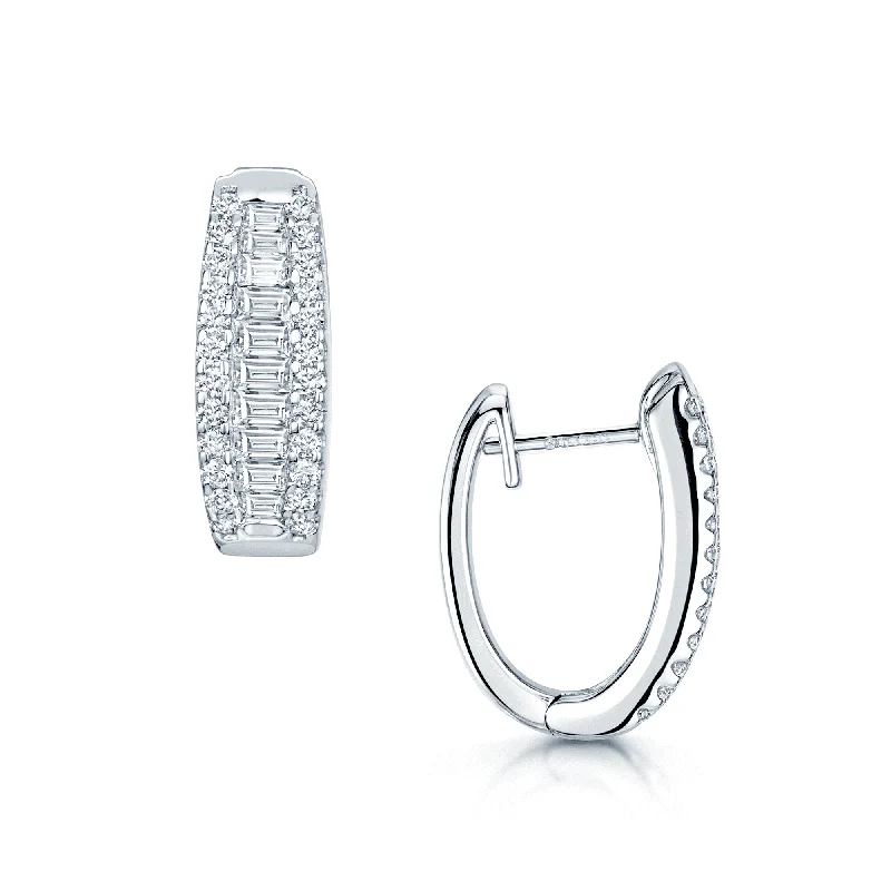 Luxury Wedding Earrings-18ct White Gold Round Brilliant And Baguette Diamond Small Hoop Earrings