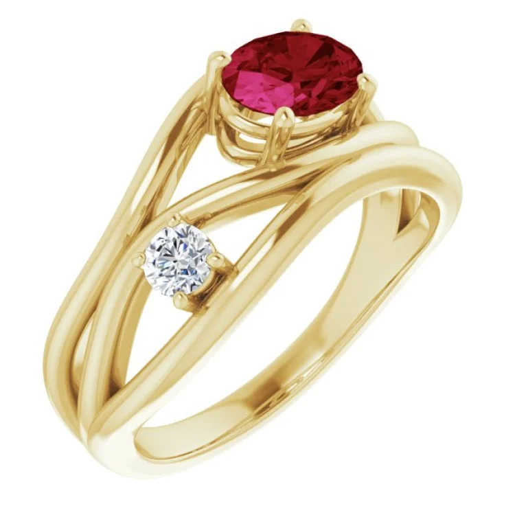 Personalized Wedding Rings For Special Gifts-14K Yellow Lab-Grown Ruby & 1/10 CTW Natural Diamond Ring