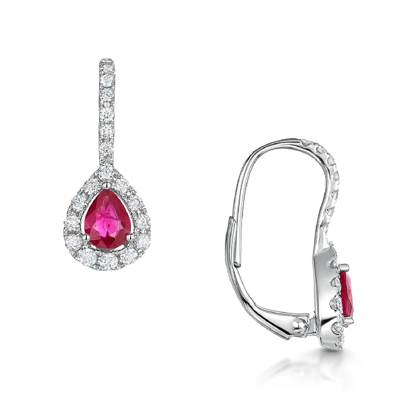 Elegant Earrings With Pearls and Diamonds-18ct White Gold Pear Shape Ruby And Round Brilliant Cut Diamond Halo Drop Earrings