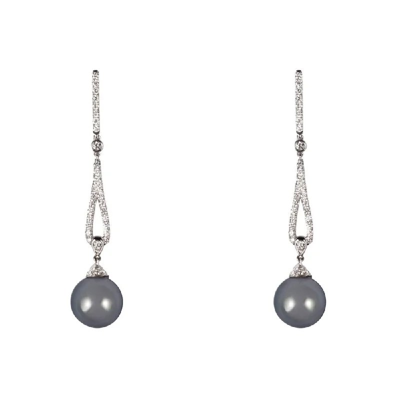 Chic Pearl Earrings For Business Attire-18ct White Gold Black Pearl & Brilliant Cut Diamond Drop Earrings