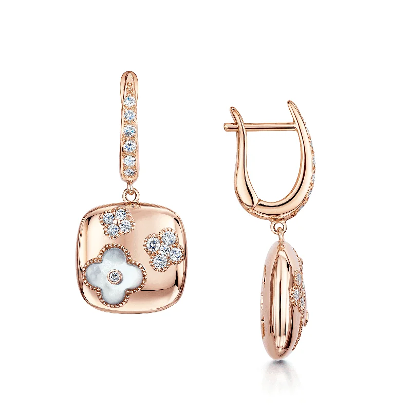 Colorful Beaded Earrings For Summer-18ct Rose Gold Square Flower Diamond And Mother Of Pearl Drop Earrings With A Diamond Hoop