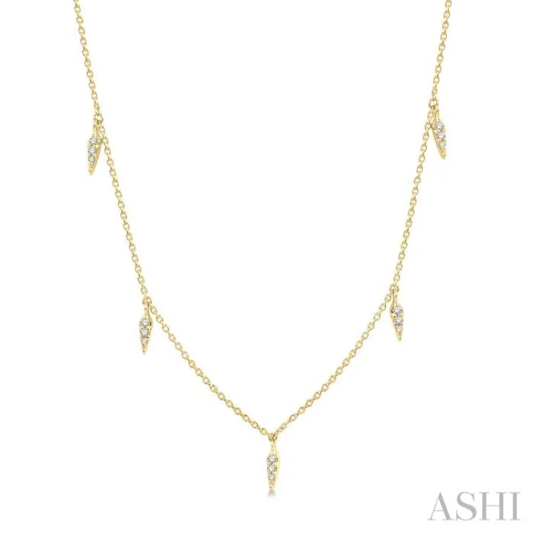 Unique Crystal Necklace For Fashion Lovers-1/10 ctw Spearhead Mount Round Cut Diamond Station Necklace in 14K Yellow Gold