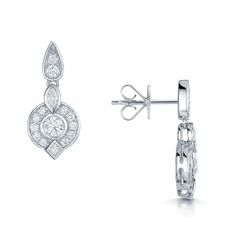 Stylish Drop Earrings For Date Night-18ct White Gold Vintage Style Diamond Drop Earrings