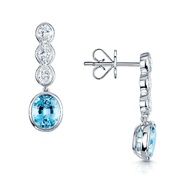 Beautiful Gemstone Earrings-18ct White Gold Rub Over Set Aquamarine With Three Oval Cut Diamonds Drop Earrings