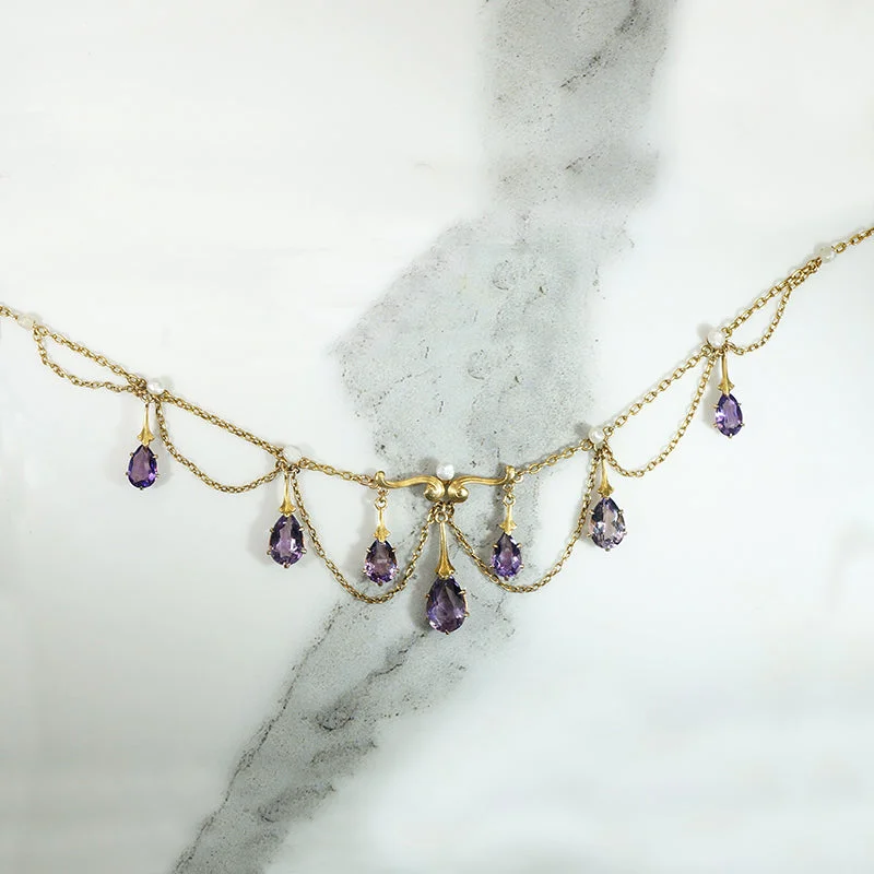 Long Pendant Necklace For Casual Look-Dreamy Amethyst & Pearl Festoon Necklace