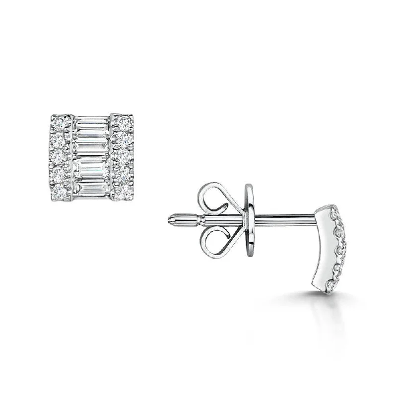 Round Drop Earrings For Women-18ct White Gold Baguette & Round Brilliant Diamond Stud Earrings