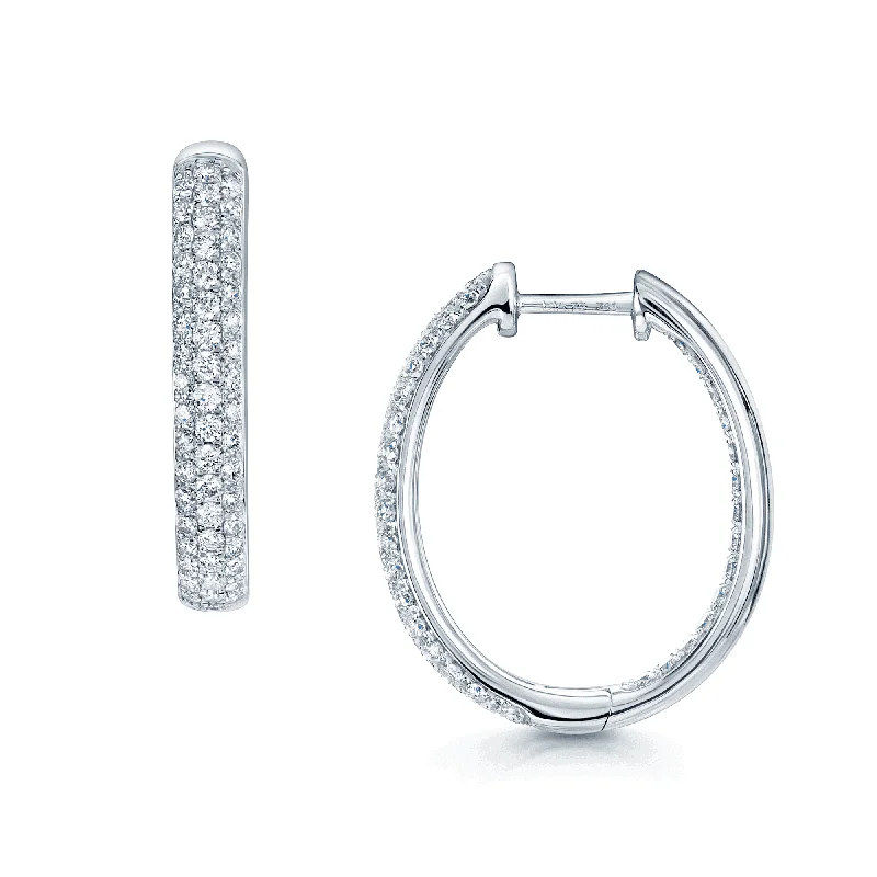 Elegant Sapphire Earrings-18ct White Gold Round Brilliant Cut Diamond Pave Set Oval Double Sided Hoops